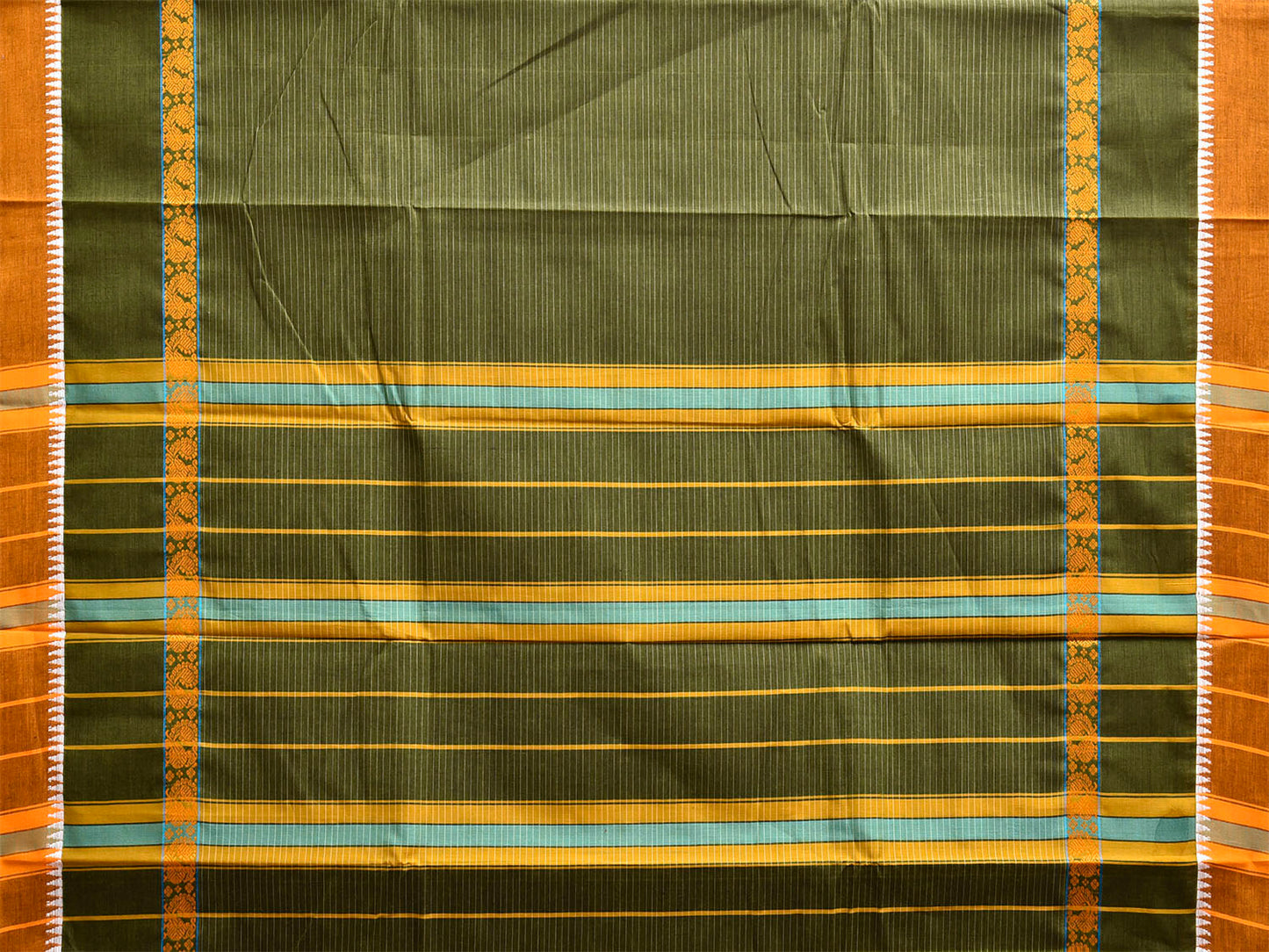 Dark Green and Yellow Narayanpet Cotton Handloom Saree with Strips and Big Border Design No Blouse np1291