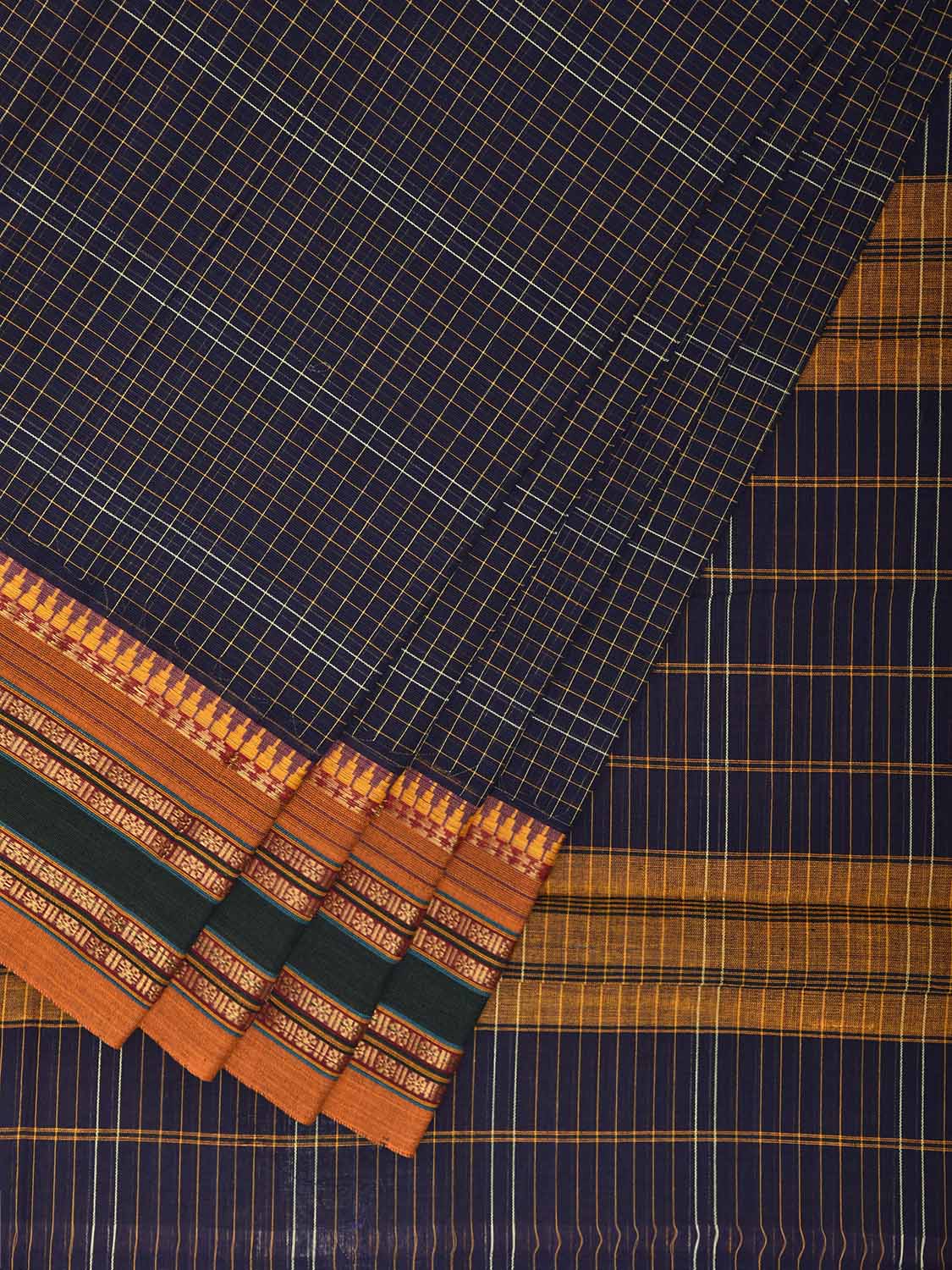 Navy and Yellow Narayanpet Cotton Handloom Saree with Checks Design No Blouse np1295