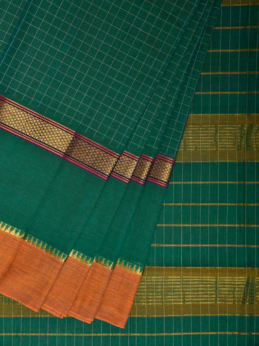 Green Narayanpet Cotton Handloom Saree with Checks and Big Border Design No Blouse np1297