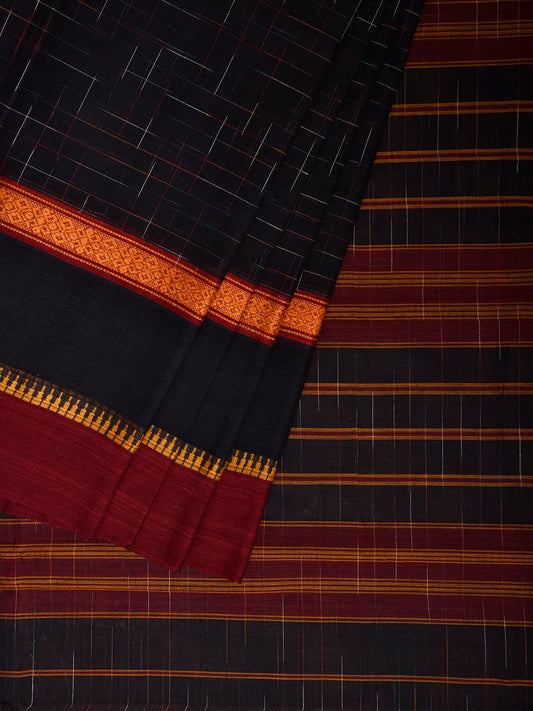 Black and Red Narayanpet Cotton Handloom Saree with Checks and Big Border Design No Blouse np1298