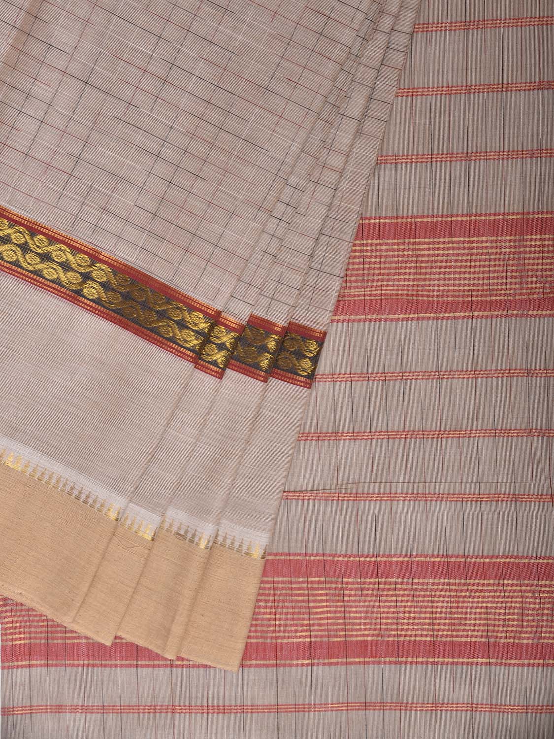 Beige Narayanpet Cotton Handloom Saree with Checks and Big Border Design No Blouse np1301