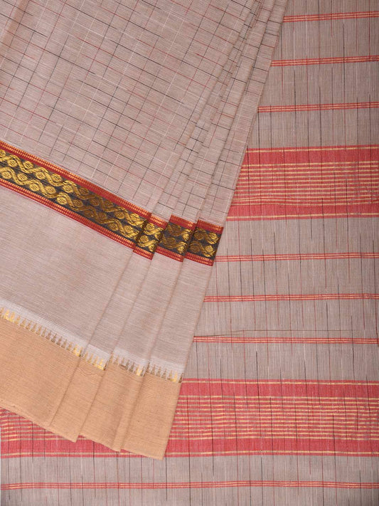 Beige Narayanpet Cotton Handloom Saree with Checks and Big Border Design No Blouse np1301
