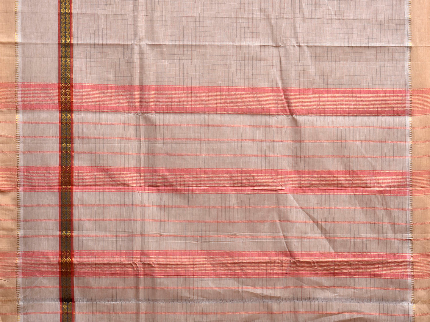Beige Narayanpet Cotton Handloom Saree with Checks and Big Border Design No Blouse np1301