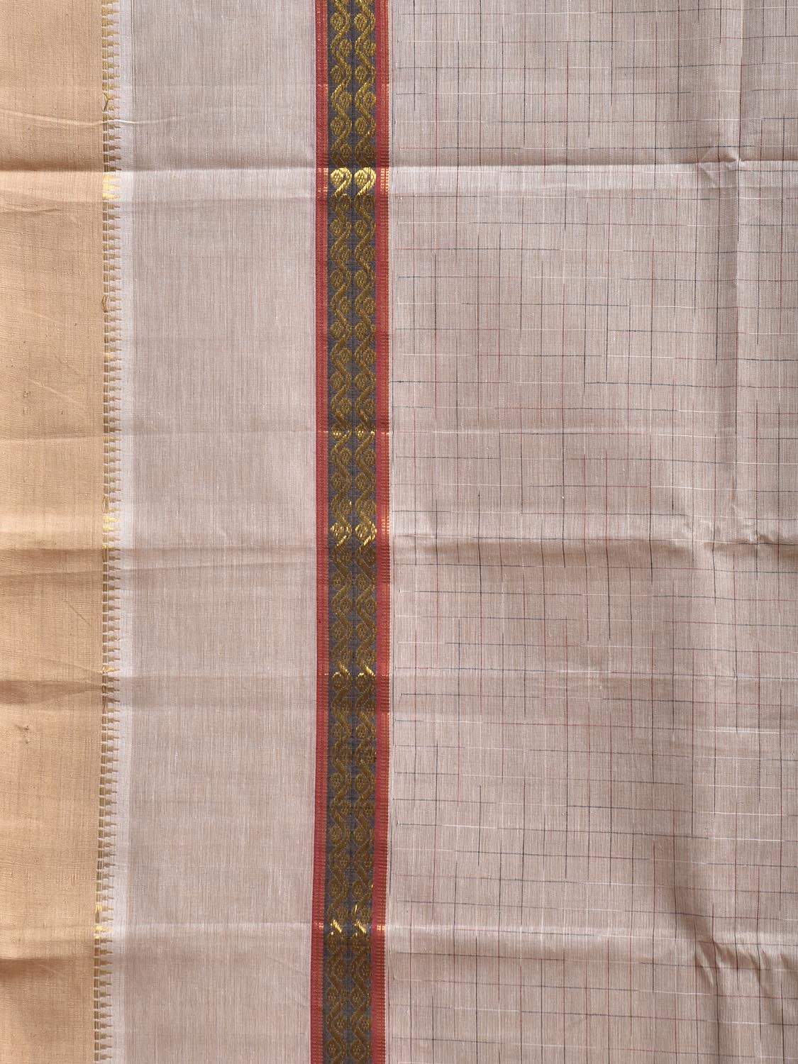 Beige Narayanpet Cotton Handloom Saree with Checks and Big Border Design No Blouse np1301