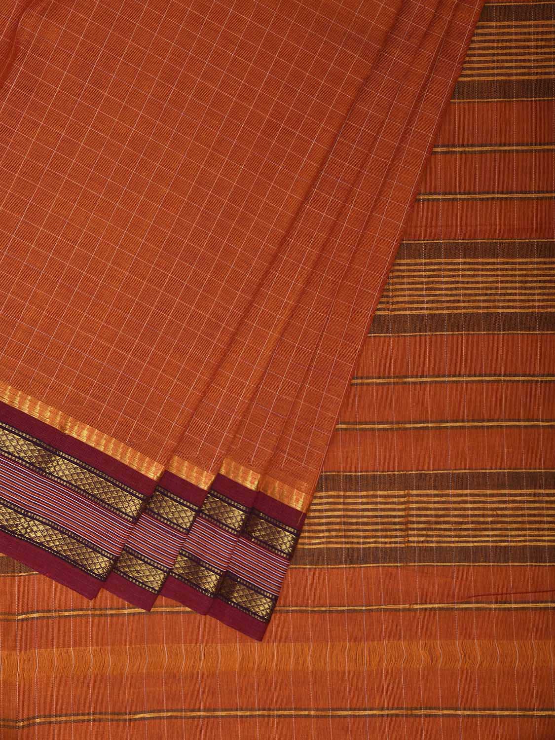Orange and Maroon Narayanpet Cotton Handloom Saree with Checks Design No Blouse np1302