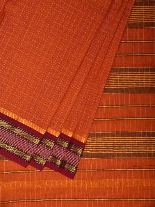 Orange and Maroon Narayanpet Cotton Handloom Saree with Checks Design No Blouse np1302
