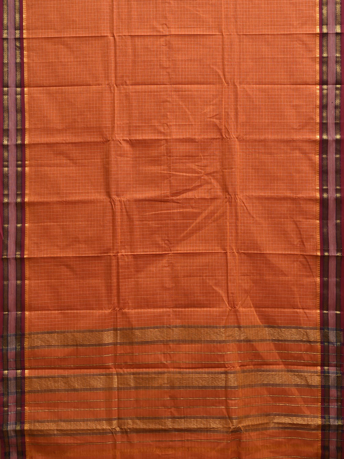 Orange and Maroon Narayanpet Cotton Handloom Saree with Checks Design No Blouse np1302
