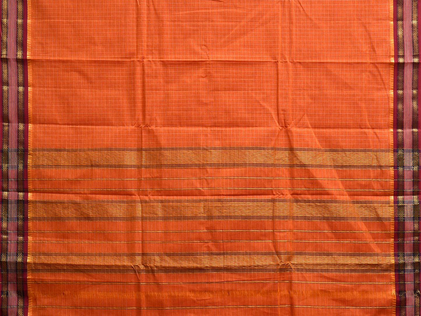Orange and Maroon Narayanpet Cotton Handloom Saree with Checks Design No Blouse np1302