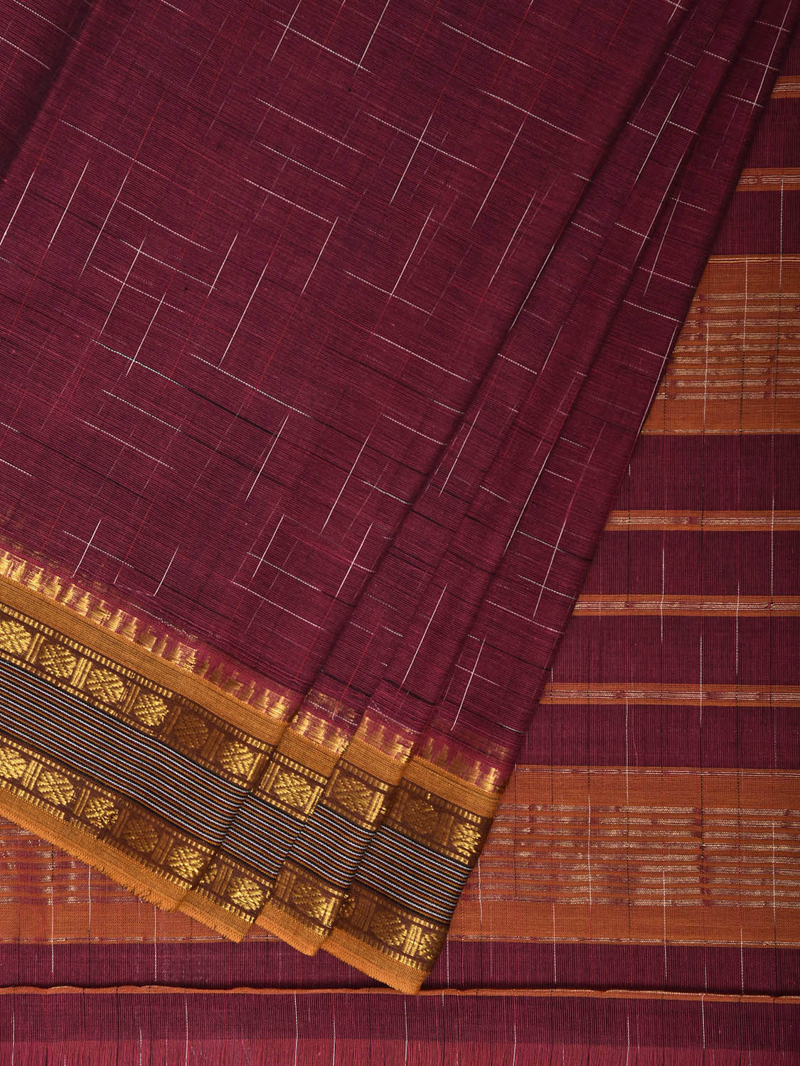 Dark Magenta and Yellow Narayanpet Cotton Handloom Saree with Strips Pallu Design No Blouse np1303