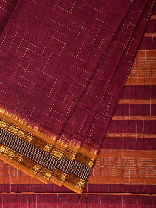 Dark Magenta and Yellow Narayanpet Cotton Handloom Saree with Strips Pallu Design No Blouse np1303