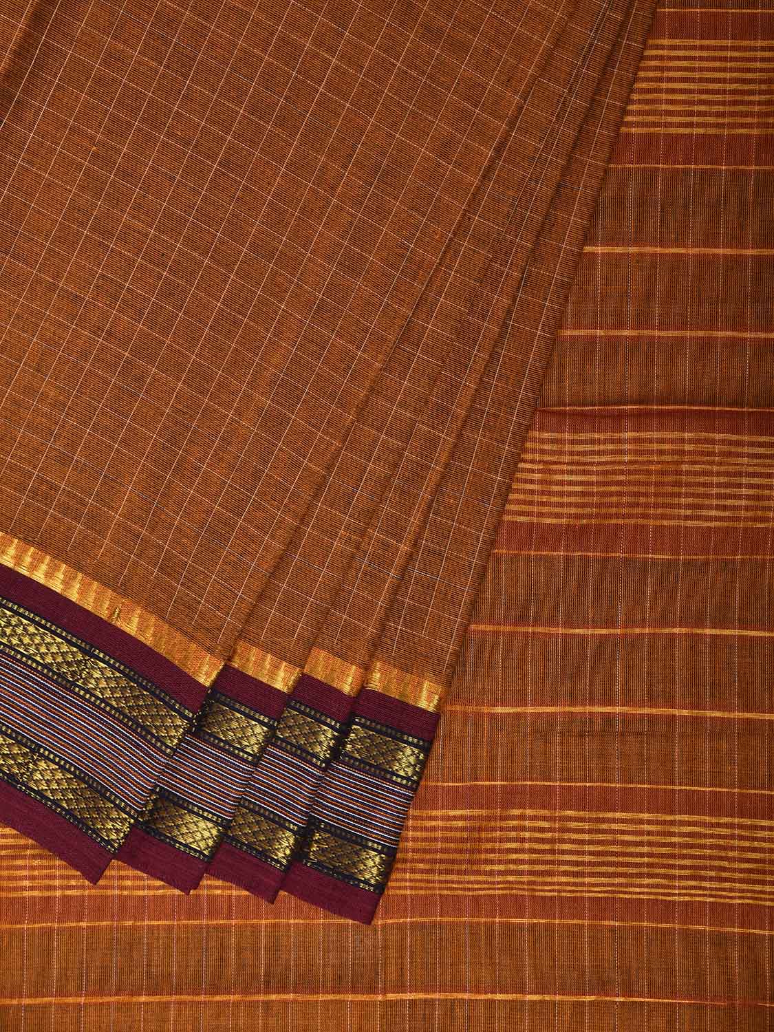 Dark Orange and Maroon Narayanpet Cotton Handloom Saree with Checks Design No Blouse np1304