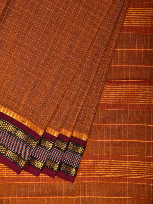 Dark Orange and Maroon Narayanpet Cotton Handloom Saree with Checks Design No Blouse np1304