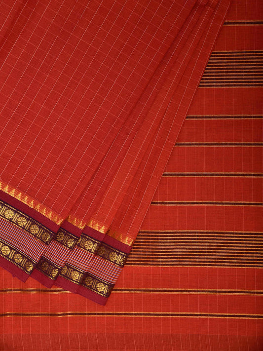 Red and Maroon Narayanpet Cotton Handloom Saree with Checks Design No Blouse np1305