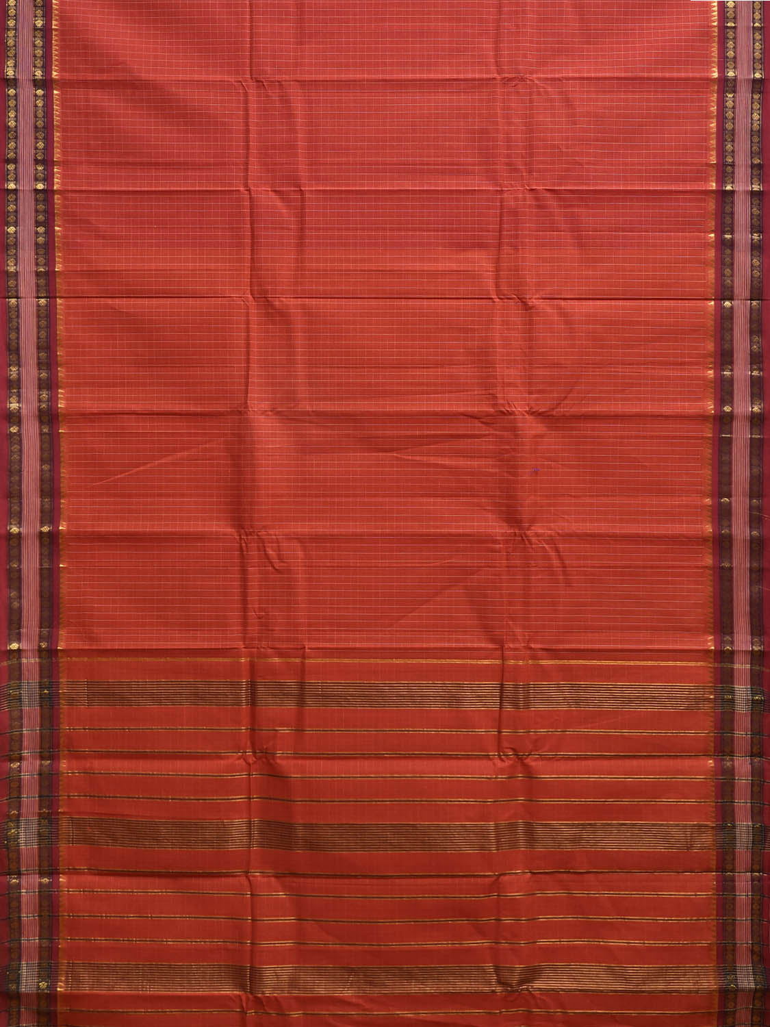 Red and Maroon Narayanpet Cotton Handloom Saree with Checks Design No Blouse np1305