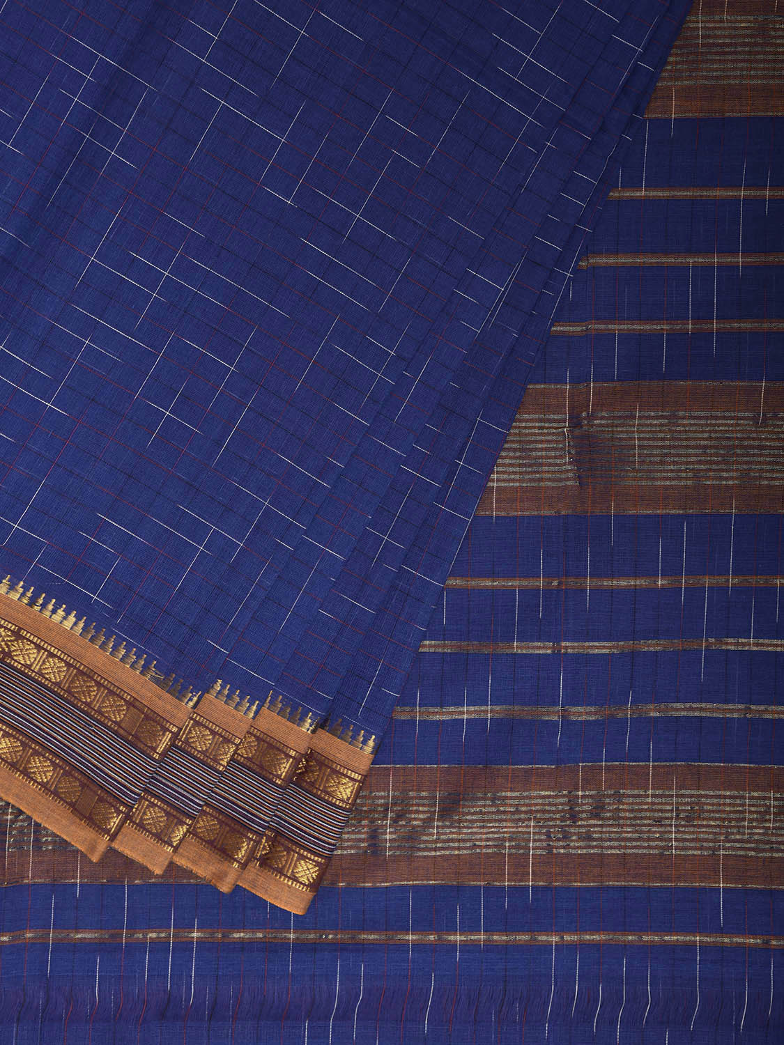 Blue and Light Fawn Narayanpet Cotton Handloom Saree with Strips Pallu Design No Blouse np1306