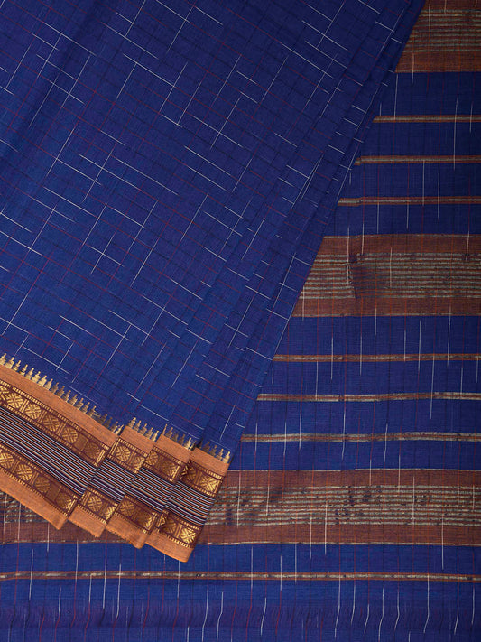 Blue and Light Fawn Narayanpet Cotton Handloom Saree with Strips Pallu Design No Blouse np1306