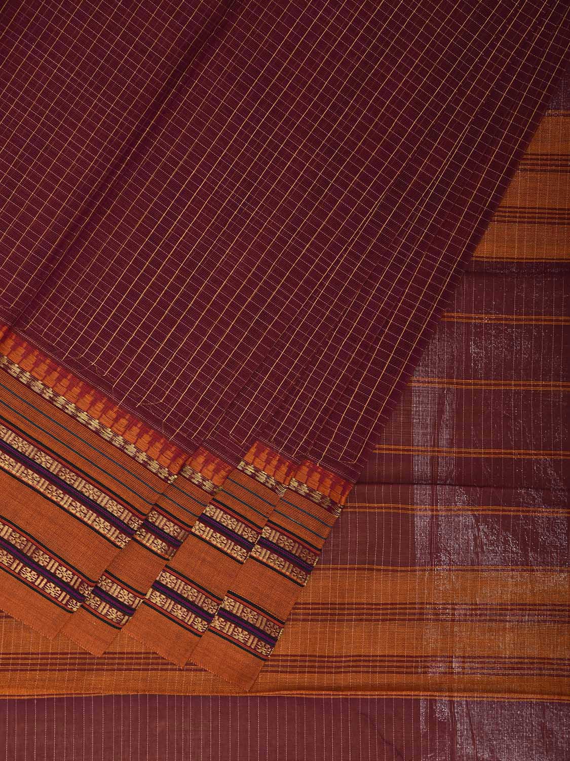 Maroon and Mustard Narayanpet Cotton Handloom Saree with Checks Design No Blouse np1307