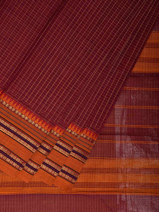 Maroon and Mustard Narayanpet Cotton Handloom Saree with Checks Design No Blouse np1307