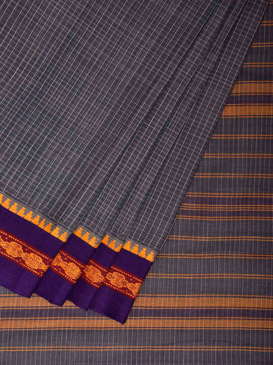 Grey and Purple Narayanpet Cotton Handloom Saree with Checks Design No Blouse np1309