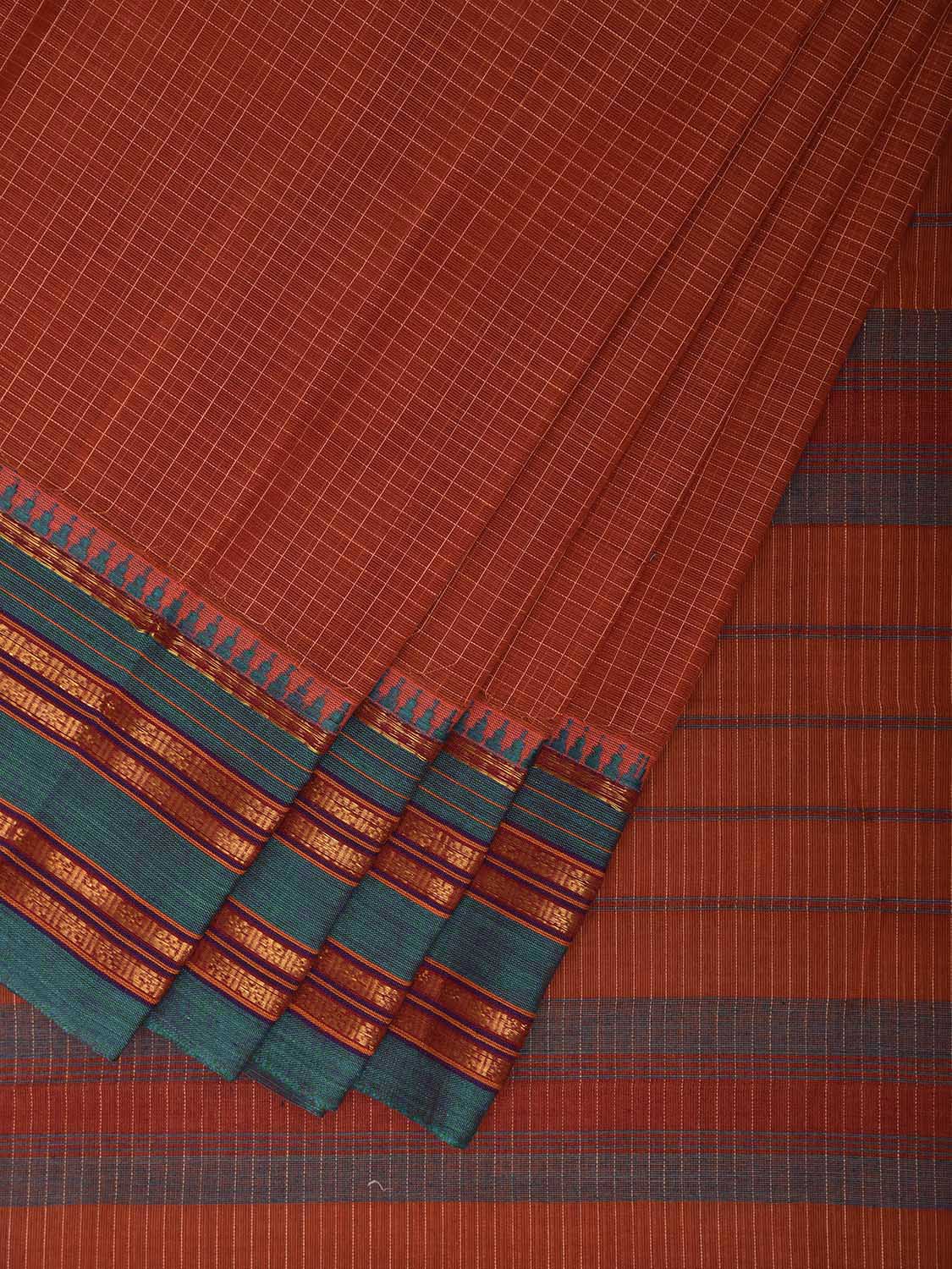 Orange and Green Narayanpet Cotton Handloom Saree with Checks Design No Blouse np1310