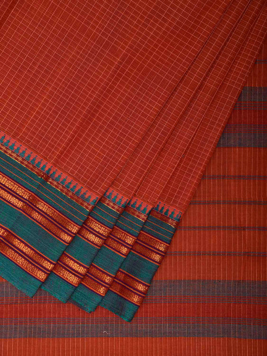 Orange and Green Narayanpet Cotton Handloom Saree with Checks Design No Blouse np1310
