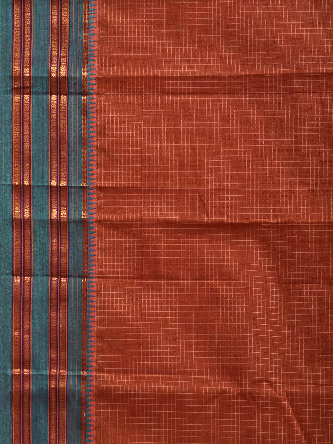 Orange and Green Narayanpet Cotton Handloom Saree with Checks Design No Blouse np1310
