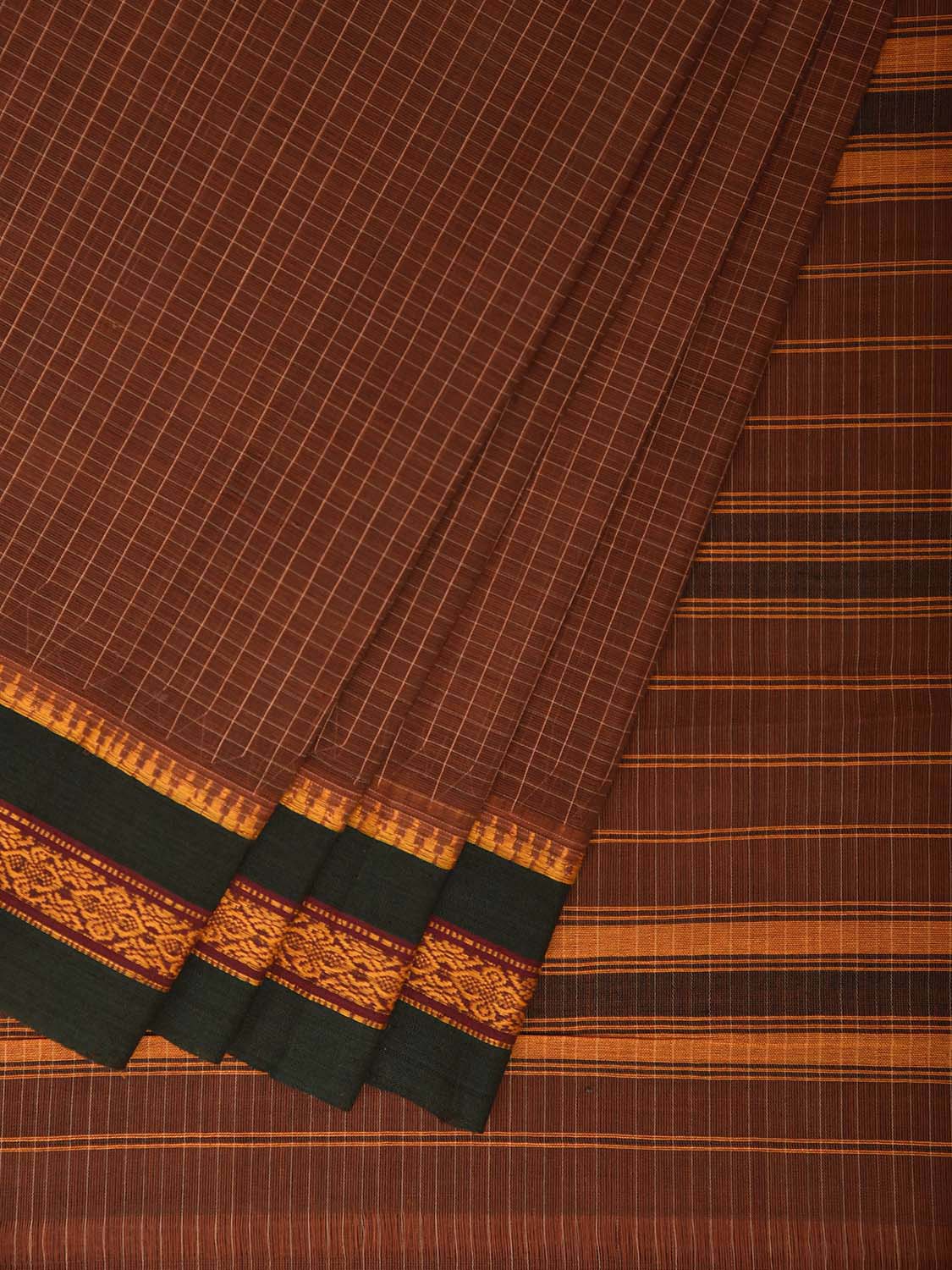 Brown and Green Narayanpet Cotton Handloom Saree with Checks Design No Blouse np1312