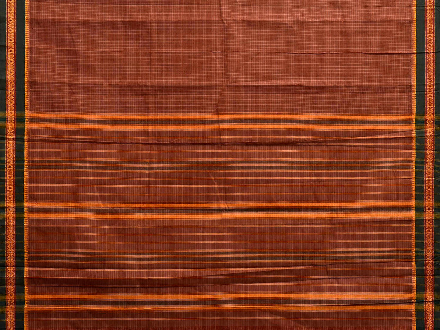 Brown and Green Narayanpet Cotton Handloom Saree with Checks Design No Blouse np1312