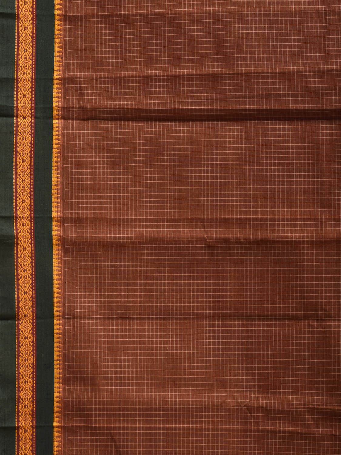 Brown and Green Narayanpet Cotton Handloom Saree with Checks Design No Blouse np1312
