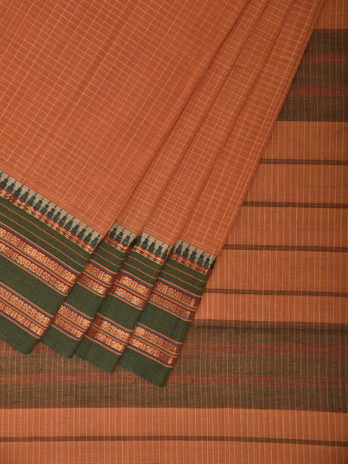 Light Orange and Green Narayanpet Cotton Handloom Saree with Checks Design No Blouse np1313