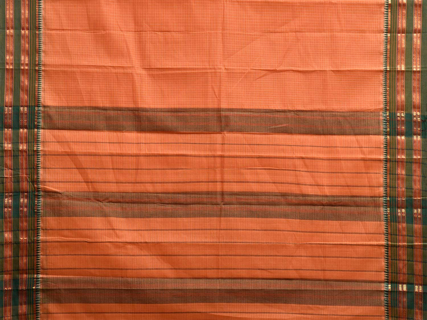 Light Orange and Green Narayanpet Cotton Handloom Saree with Checks Design No Blouse np1313