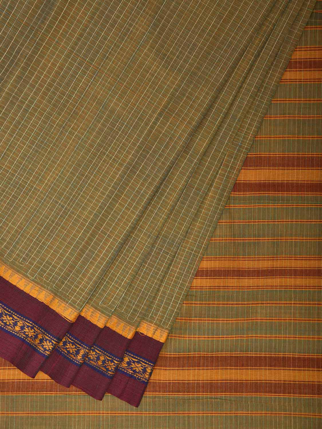 Light Olive and Purple Narayanpet Cotton Handloom Saree with Checks Design No Blouse np1314