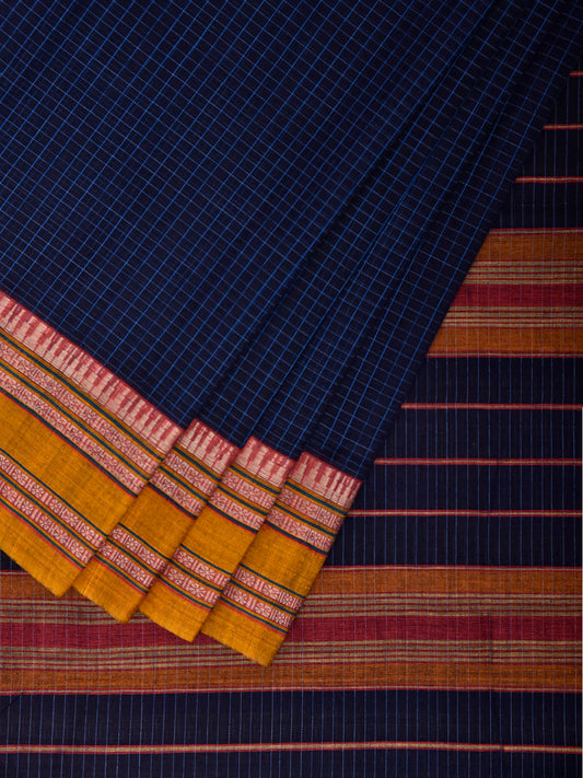 Dark Blue and Yellow Narayanpet Cotton Handloom Saree with Checks Design No Blouse np1315