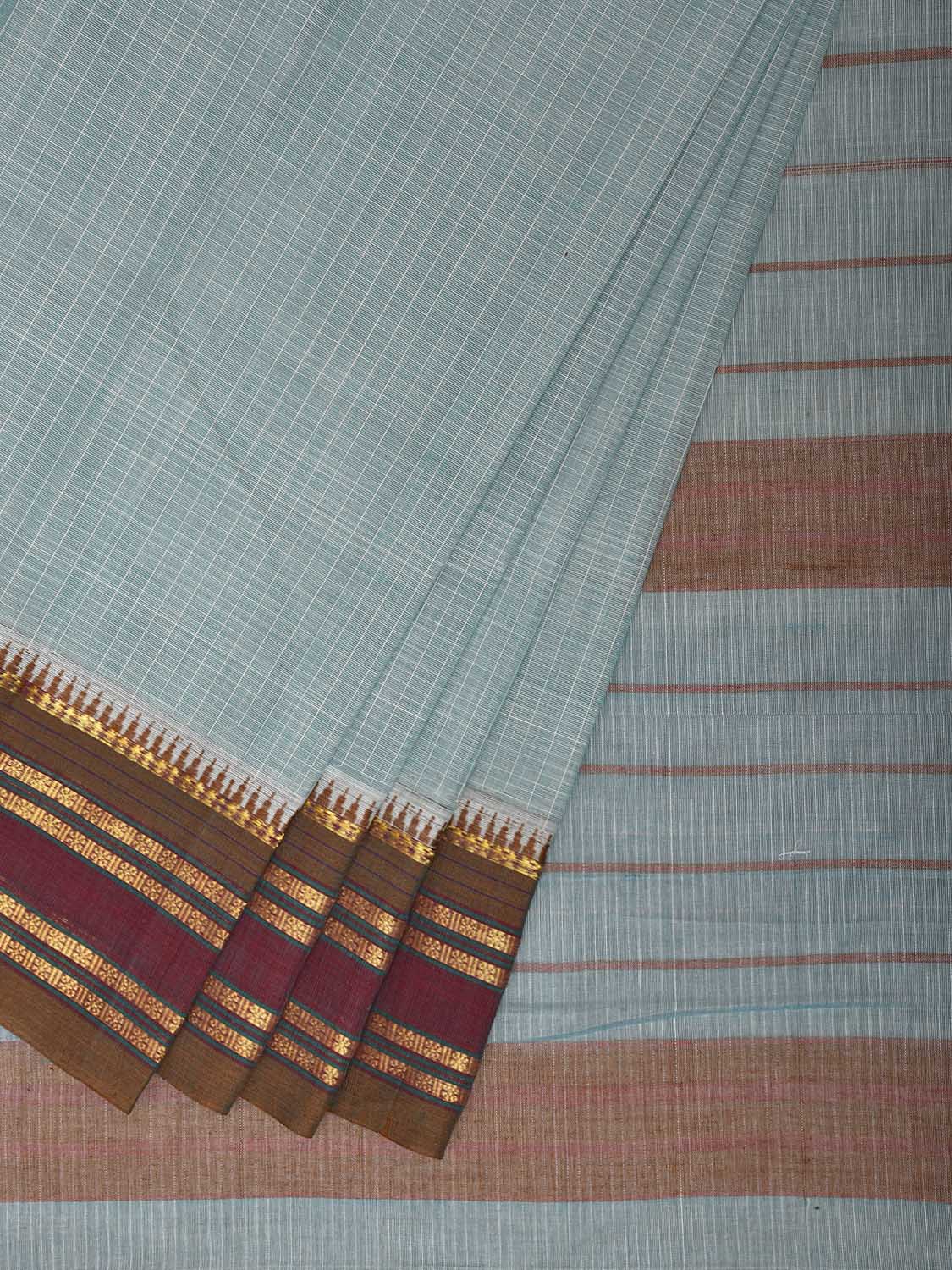 Light Blue and Olive Narayanpet Cotton Handloom Saree with Checks Design No Blouse np1316
