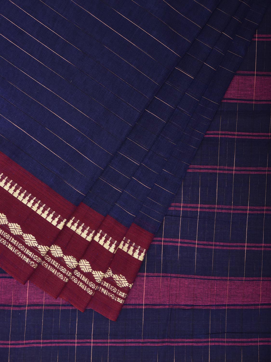 Dark Blue and Magenta Narayanpet Cotton Handloom Saree with Strips Pallu Design No Blouse np1317