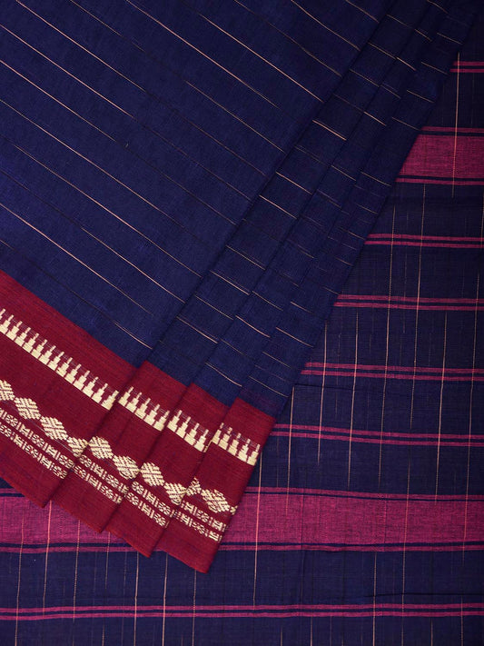 Dark Blue and Magenta Narayanpet Cotton Handloom Saree with Strips Pallu Design No Blouse np1317