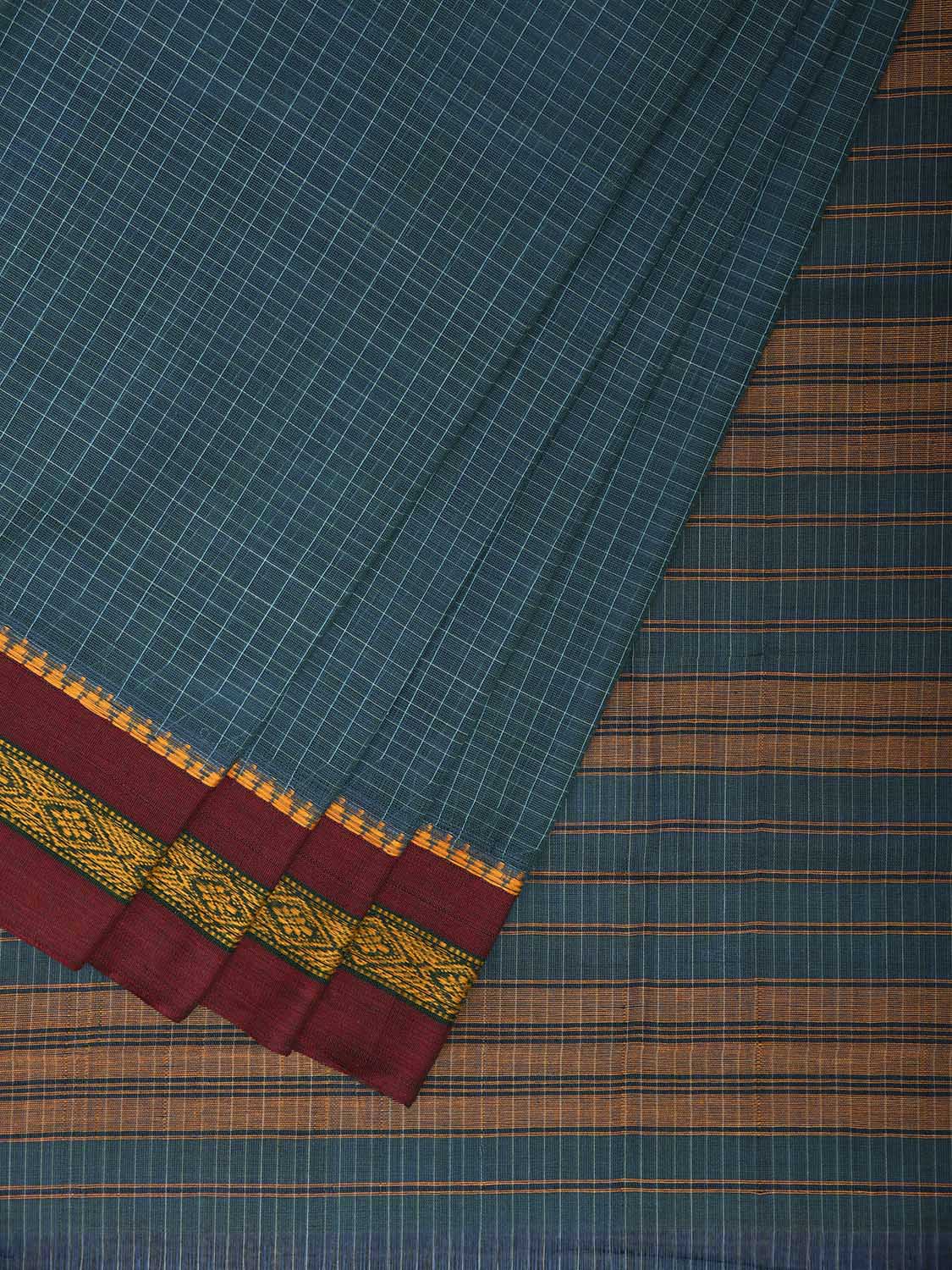 Blue and Maroon Narayanpet Cotton Handloom Saree with Checks Design No Blouse np1318