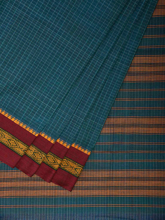 Blue and Maroon Narayanpet Cotton Handloom Saree with Checks Design No Blouse np1318