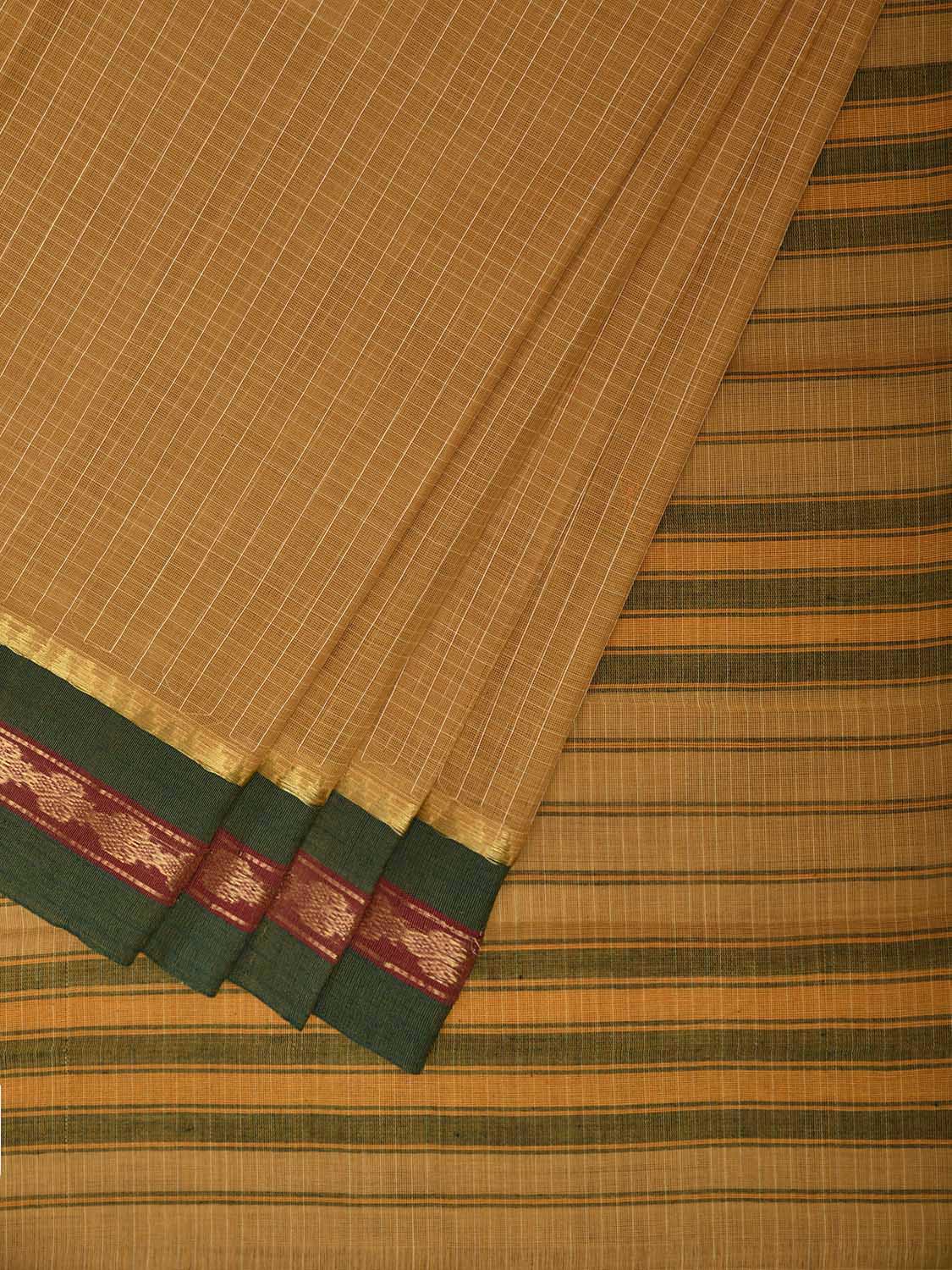 Mustard and Green Narayanpet Cotton Handloom Saree with Checks Design No Blouse np1319