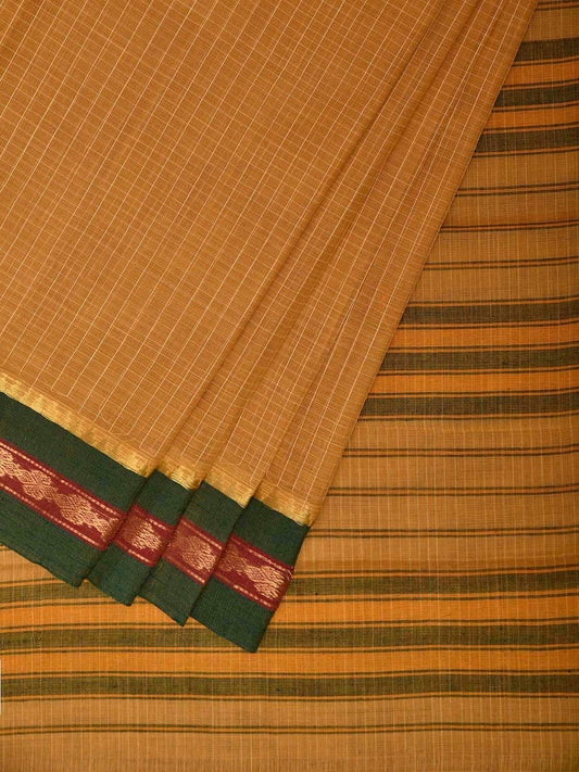 Mustard and Green Narayanpet Cotton Handloom Saree with Checks Design No Blouse np1319