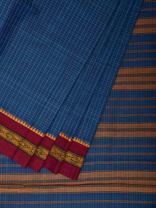 Blue and Pink Narayanpet Cotton Handloom Saree with Checks Design No Blouse np1320