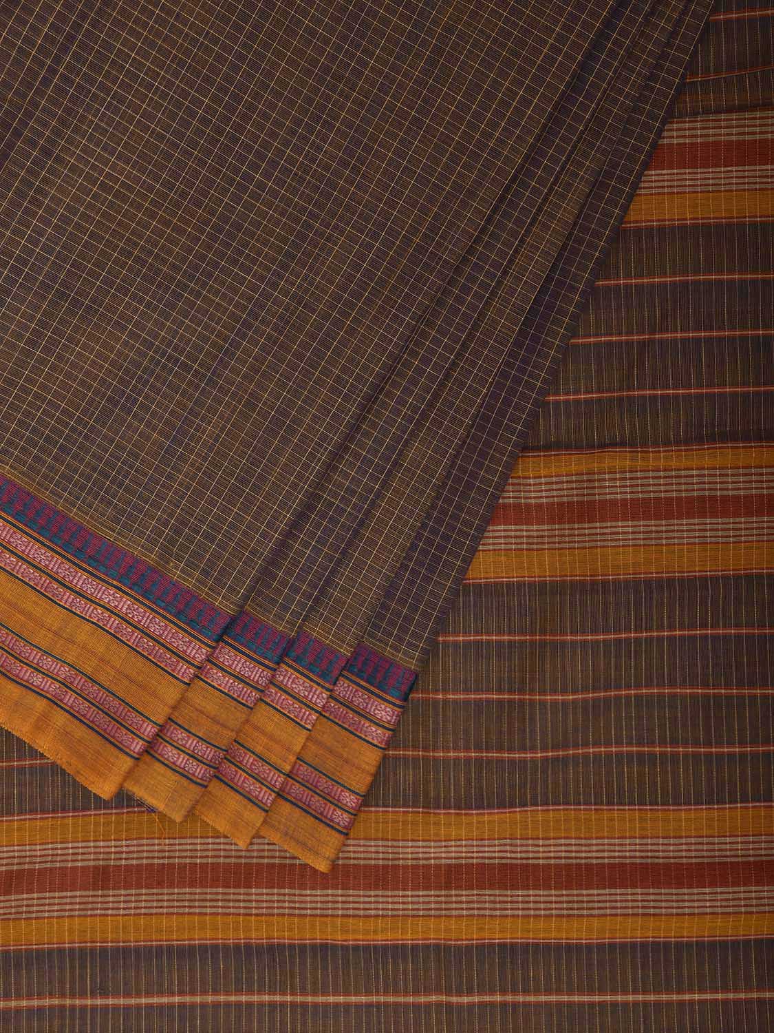 Dark Khaki and Yellow Narayanpet Cotton Handloom Saree with Checks Design No Blouse np1322