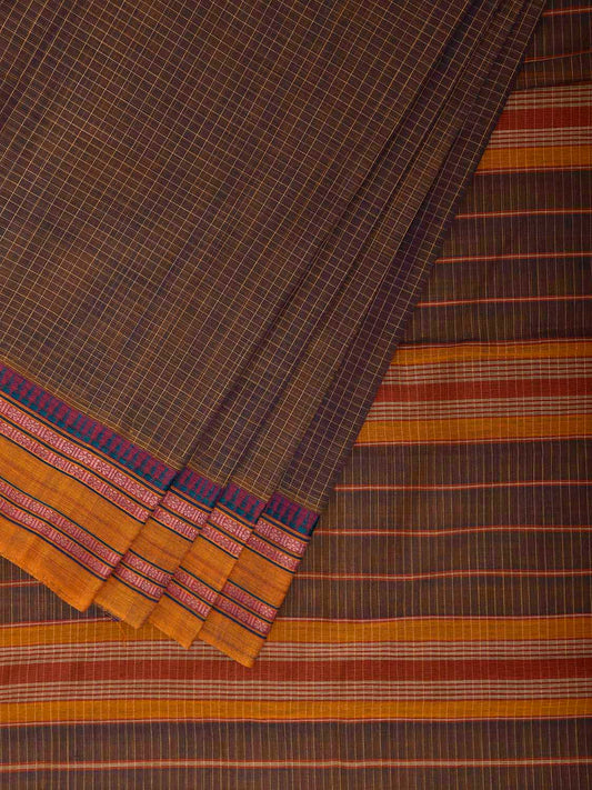 Dark Khaki and Yellow Narayanpet Cotton Handloom Saree with Checks Design No Blouse np1322