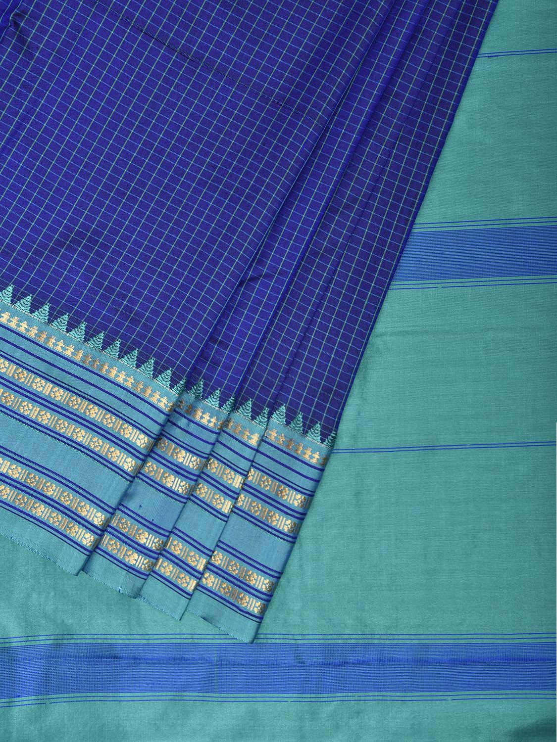 Dark Blue and Turquoise Narayanpet Silk Saree with Checks and Contrast Pallu Design np1325