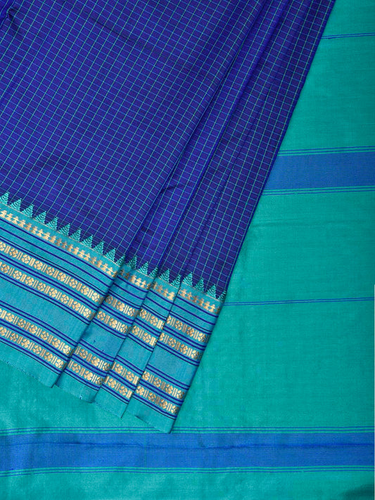 Dark Blue and Turquoise Narayanpet Silk Saree with Checks and Contrast Pallu Design np1325