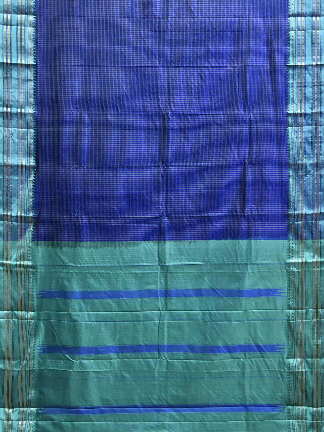 Dark Blue and Turquoise Narayanpet Silk Saree with Checks and Contrast Pallu Design np1325