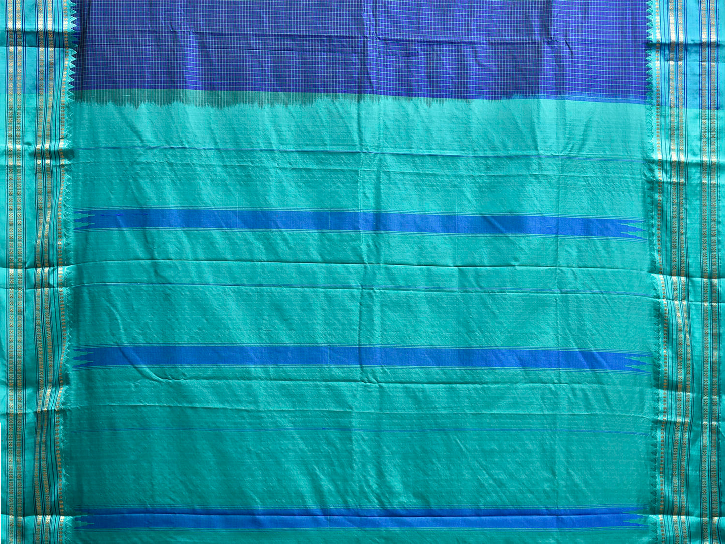 Dark Blue and Turquoise Narayanpet Silk Saree with Checks and Contrast Pallu Design np1325