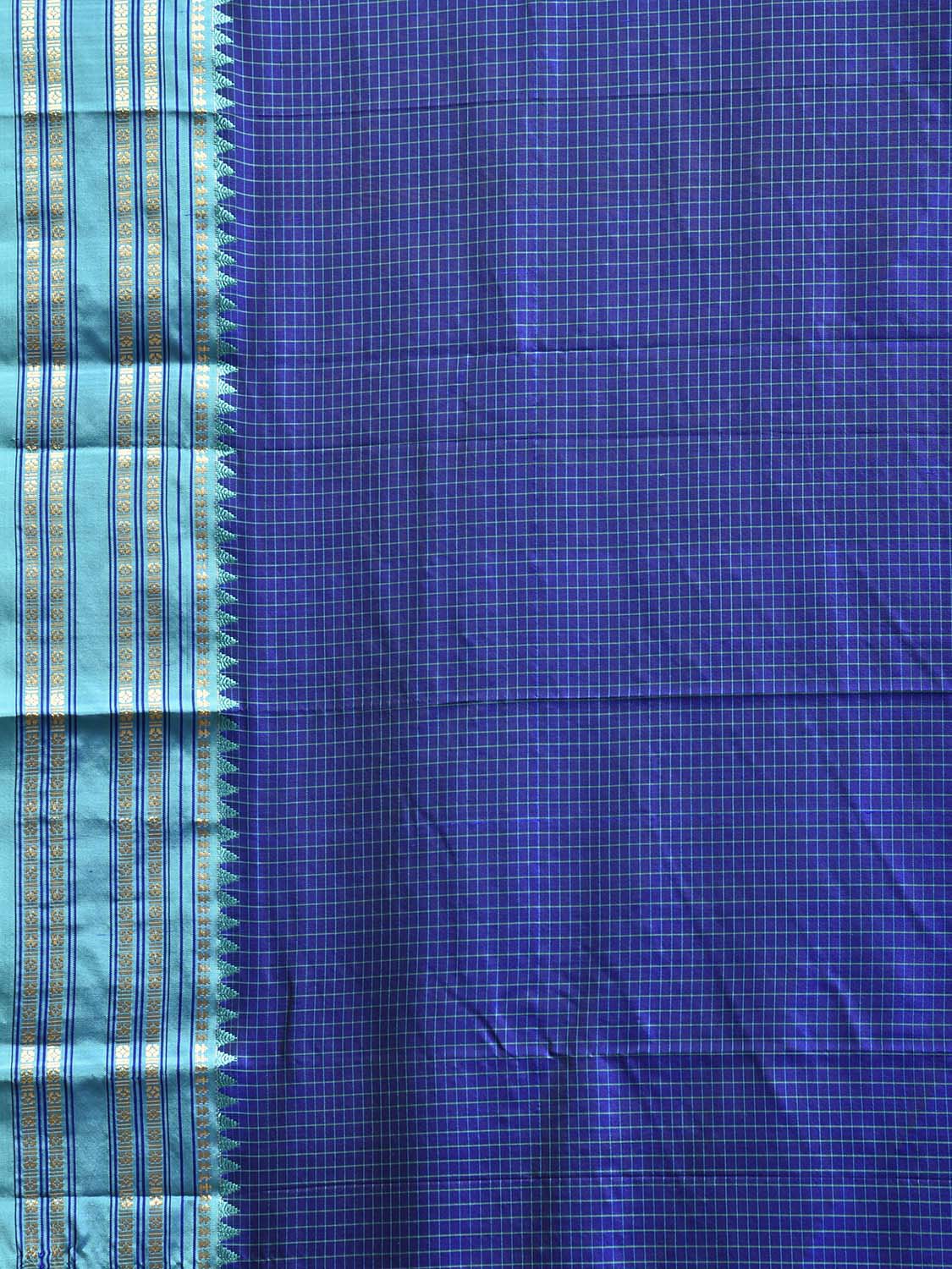 Dark Blue and Turquoise Narayanpet Silk Saree with Checks and Contrast Pallu Design np1325