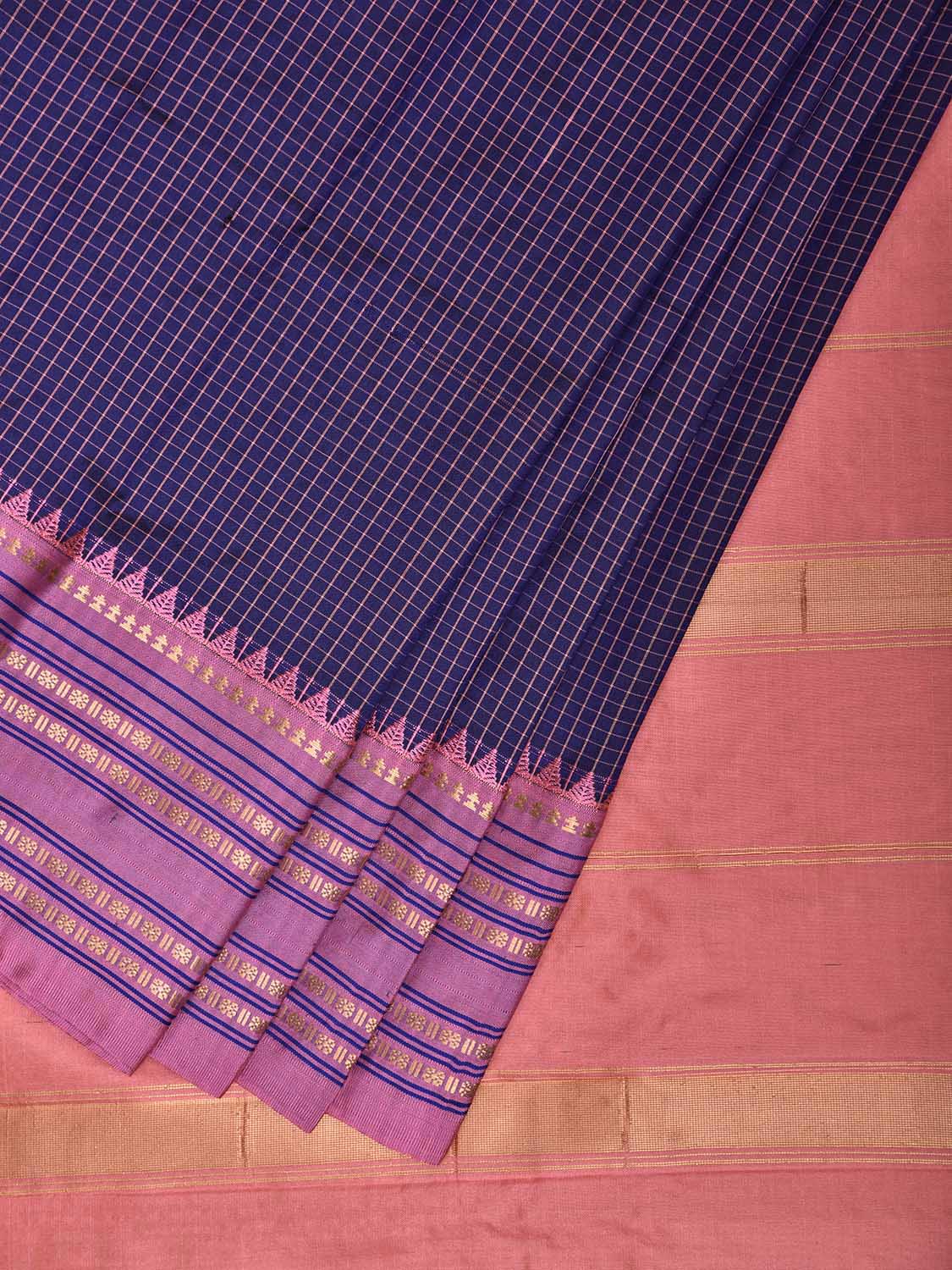 Navy and Baby Pink Narayanpet Silk Saree with Checks and Contrast Pallu Design np1326