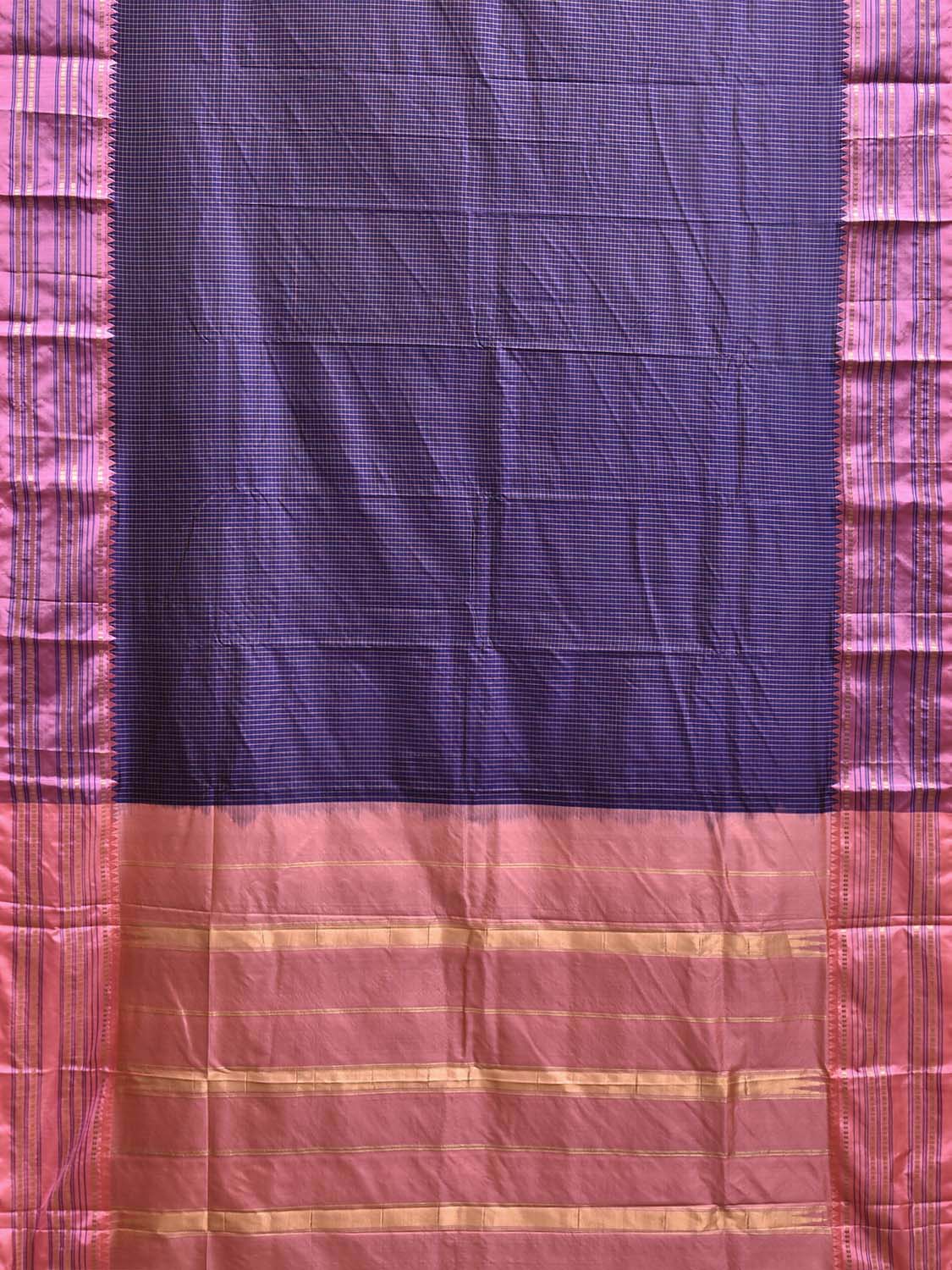 Navy and Baby Pink Narayanpet Silk Saree with Checks and Contrast Pallu Design np1326